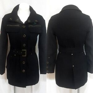 Red Fox Black Thick Denim Belted Trench Coat Medium Streetwear Utility Grunge